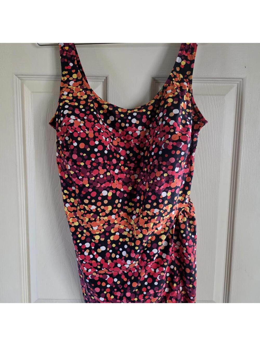 Delta Burke Black Scoop One-Piece with Pink, Orange & Yellow Polka Dot Print